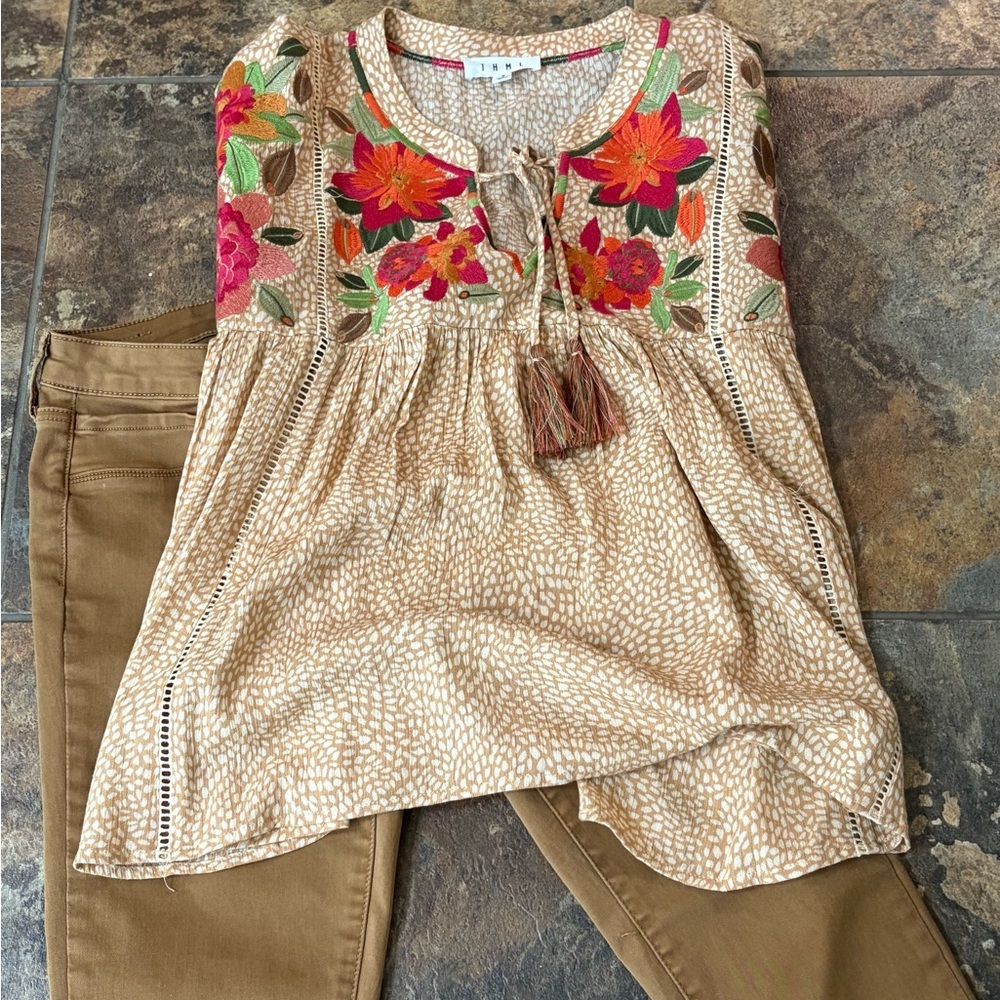 THML Cream Embellished Tie Front Blouse